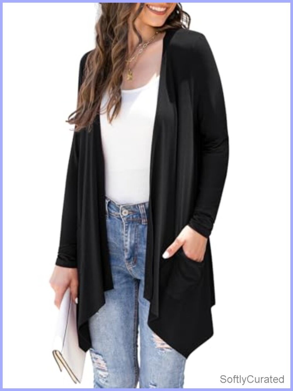 Lightweight Open Front Cardigan Asymmetrical Hem Pockets Knit Sweater